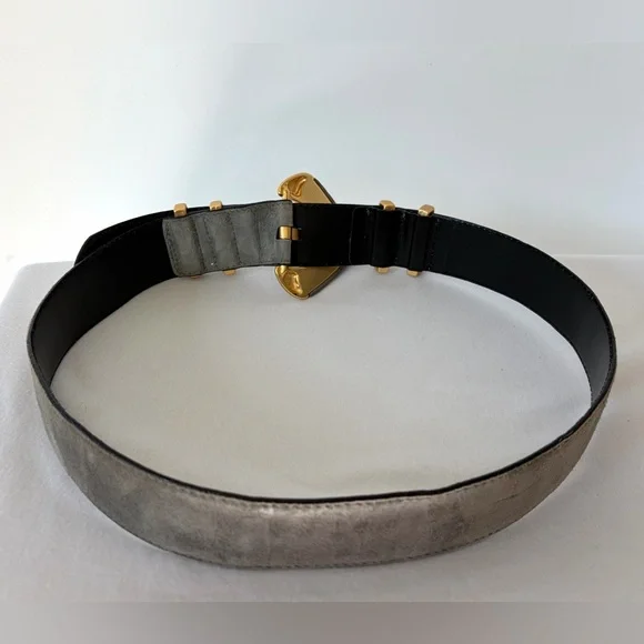 Escada Suede statement belt, matte gold hardware, suede buckle, L, 33-36” - Picture 5 of 9